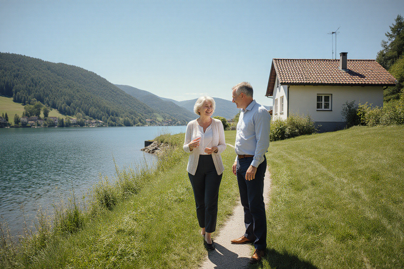 Besichtigung eines Seegrundstücks mit Haus und Grünfläche