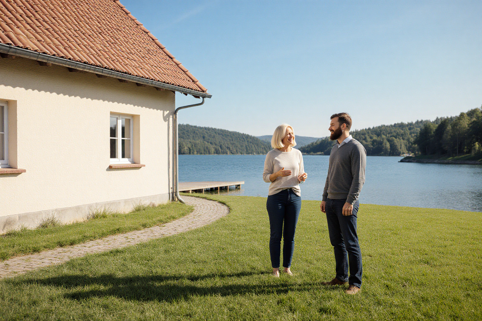 Eigentümer und Berater am Seehaus mit Ufer und Garten